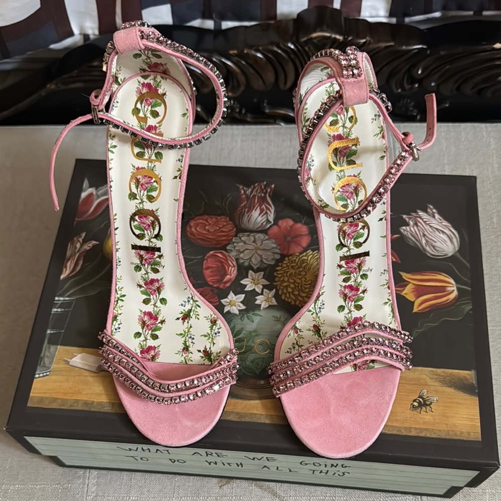 Gucci Pink Strappy Heels with Crystal Embellishments